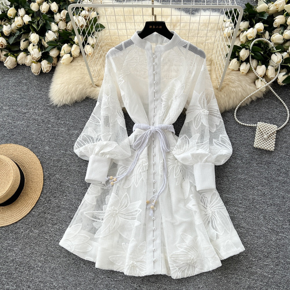 CM-DY042227 Women Elegant European Style Single-Breasted Embroidery A-Line Short Dress (Available in 3 colors)