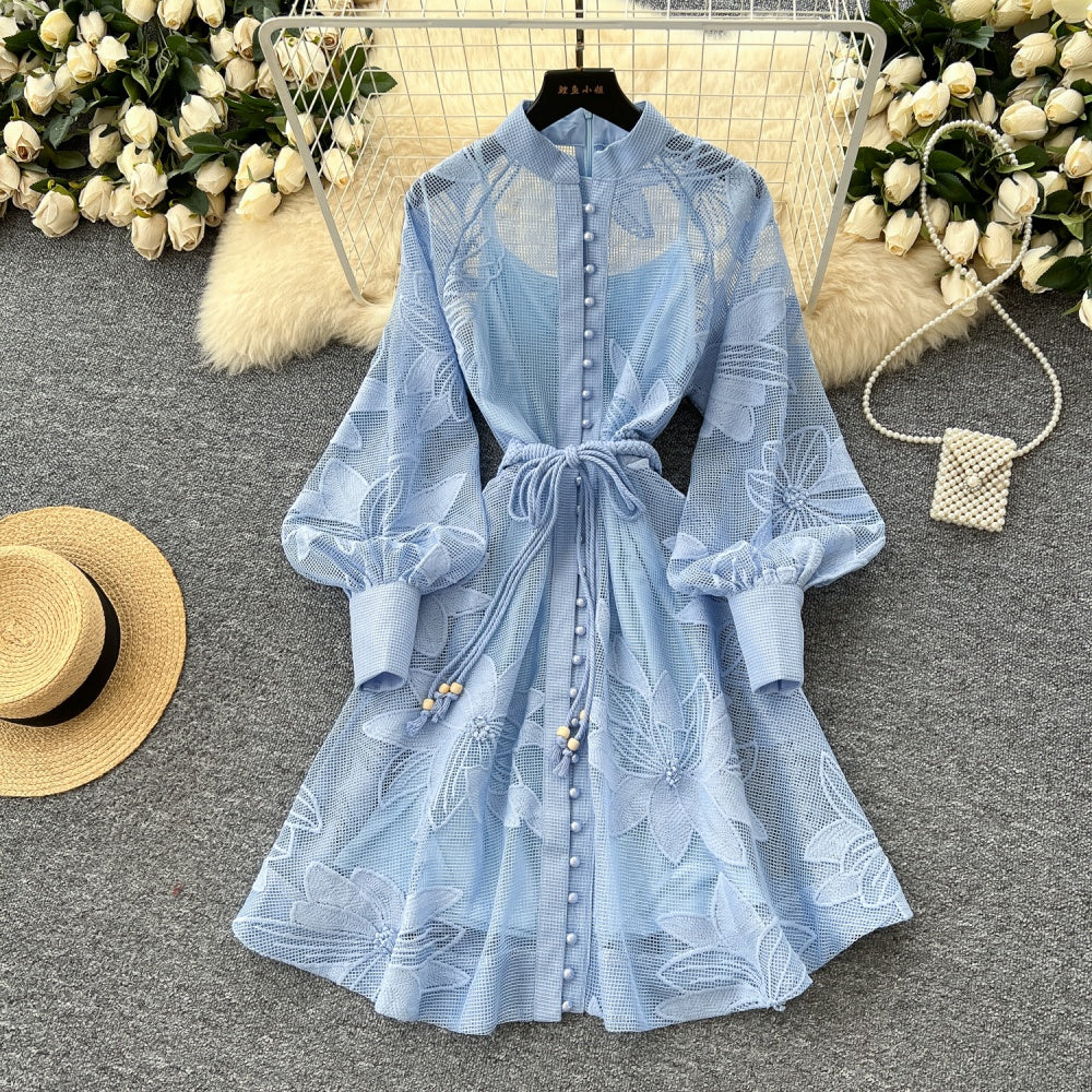 CM-DY042227 Women Elegant European Style Single-Breasted Embroidery A-Line Short Dress (Available in 3 colors)