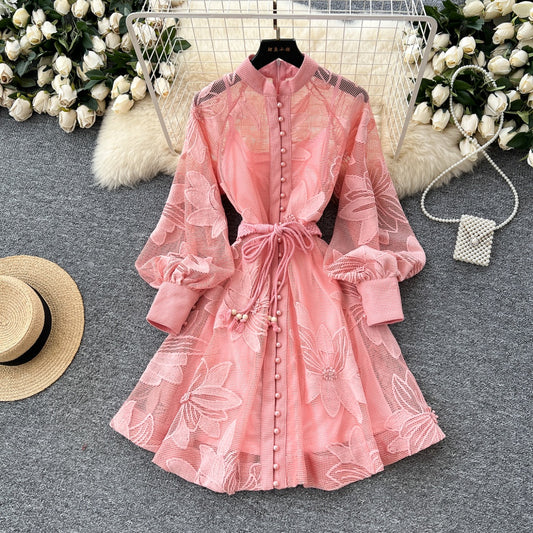 CM-DY042227 Women Elegant European Style Single-Breasted Embroidery A-Line Short Dress (Available in 3 colors)