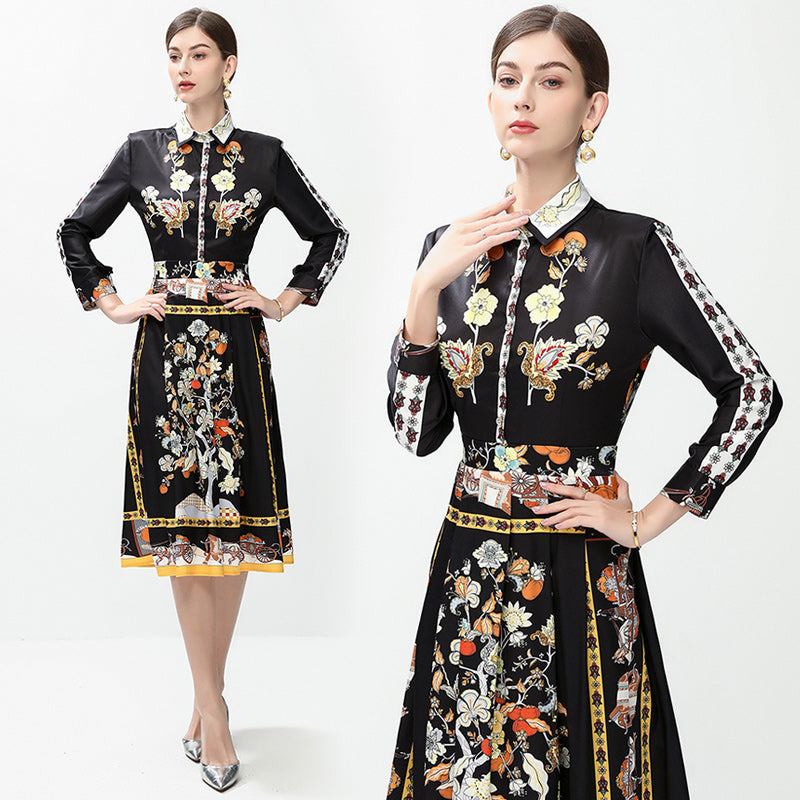 CM-DY042387 Women Elegant European Style All-Over Print Collar Neckline Long Sleeve Mid-Length Dress