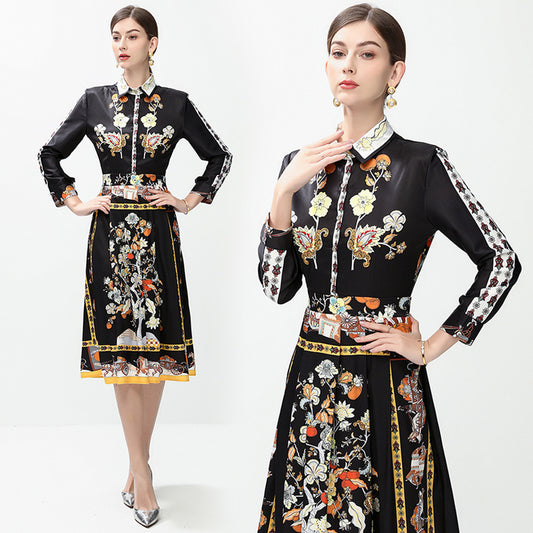 CM-DY042387 Women Elegant European Style All-Over Print Collar Neckline Long Sleeve Mid-Length Dress
