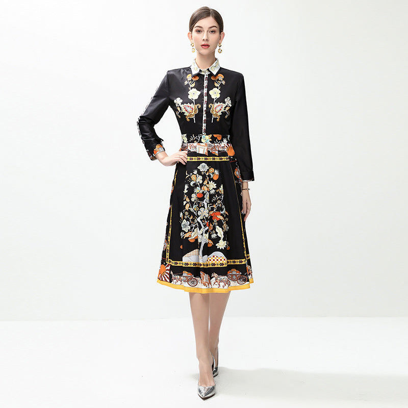 CM-DY042387 Women Elegant European Style All-Over Print Collar Neckline Long Sleeve Mid-Length Dress