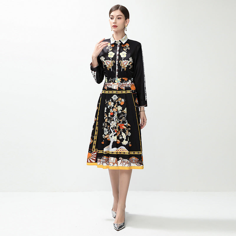 CM-DY042387 Women Elegant European Style All-Over Print Collar Neckline Long Sleeve Mid-Length Dress