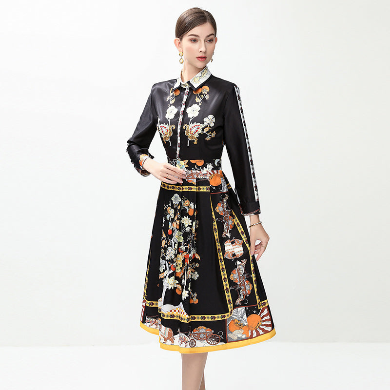 CM-DY042387 Women Elegant European Style All-Over Print Collar Neckline Long Sleeve Mid-Length Dress