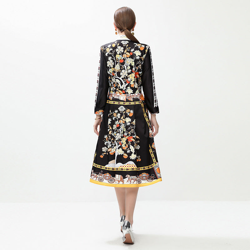 CM-DY042387 Women Elegant European Style All-Over Print Collar Neckline Long Sleeve Mid-Length Dress