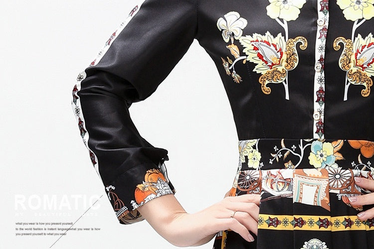 CM-DY042387 Women Elegant European Style All-Over Print Collar Neckline Long Sleeve Mid-Length Dress