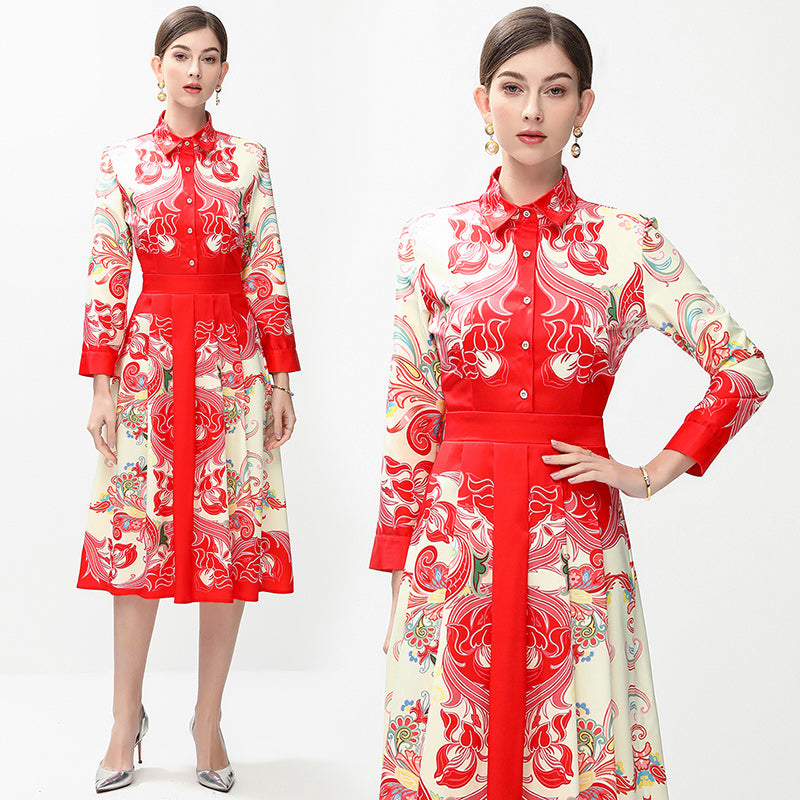 CM-DY042388 Women Elegant European Style All-Over Print Collar Neckline Long Sleeve Mid-Length Dress