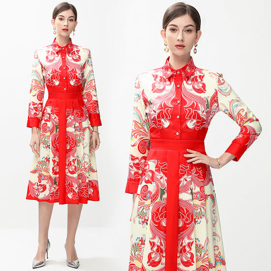 CM-DY042388 Women Elegant European Style All-Over Print Collar Neckline Long Sleeve Mid-Length Dress
