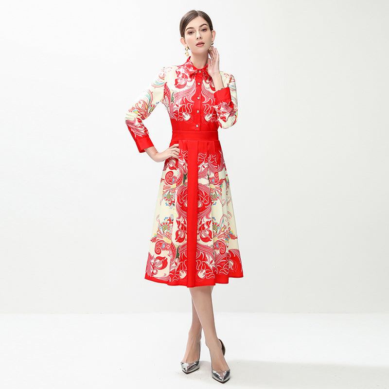CM-DY042388 Women Elegant European Style All-Over Print Collar Neckline Long Sleeve Mid-Length Dress