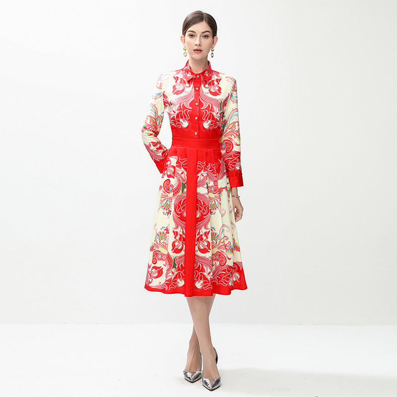 CM-DY042388 Women Elegant European Style All-Over Print Collar Neckline Long Sleeve Mid-Length Dress