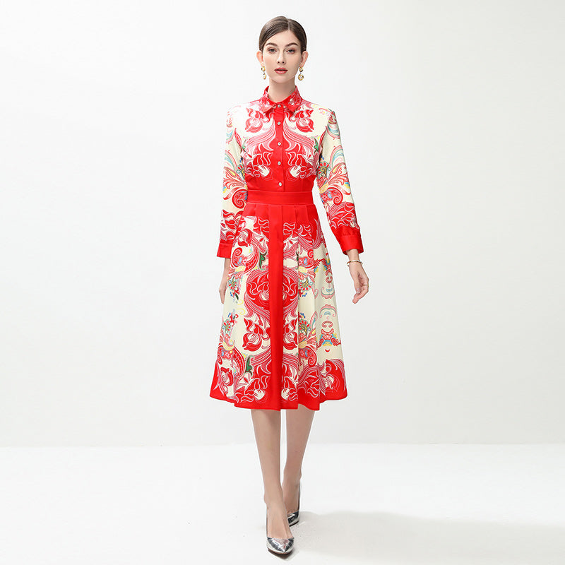 CM-DY042388 Women Elegant European Style All-Over Print Collar Neckline Long Sleeve Mid-Length Dress