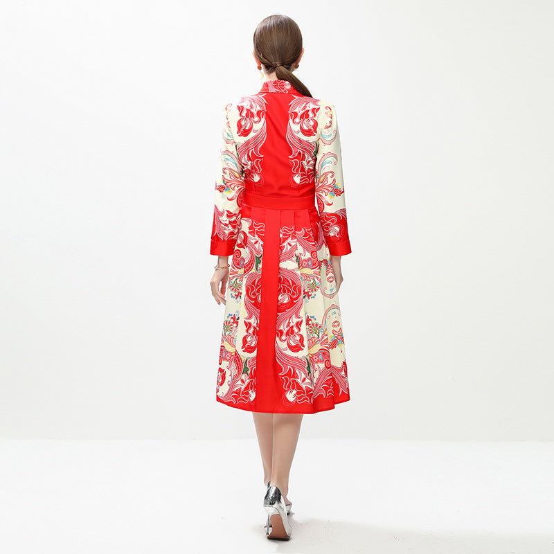 CM-DY042388 Women Elegant European Style All-Over Print Collar Neckline Long Sleeve Mid-Length Dress