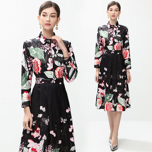 CM-DY042389 Women Elegant European Style All-Over Print Collar Neckline Long Sleeve Mid-Length Dress