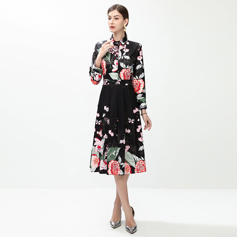 CM-DY042389 Women Elegant European Style All-Over Print Collar Neckline Long Sleeve Mid-Length Dress