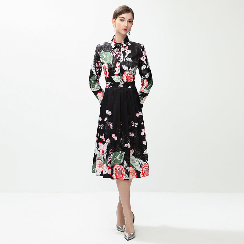 CM-DY042389 Women Elegant European Style All-Over Print Collar Neckline Long Sleeve Mid-Length Dress