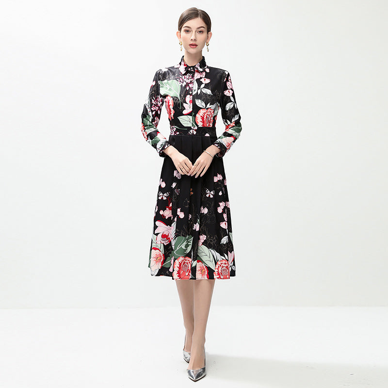 CM-DY042389 Women Elegant European Style All-Over Print Collar Neckline Long Sleeve Mid-Length Dress