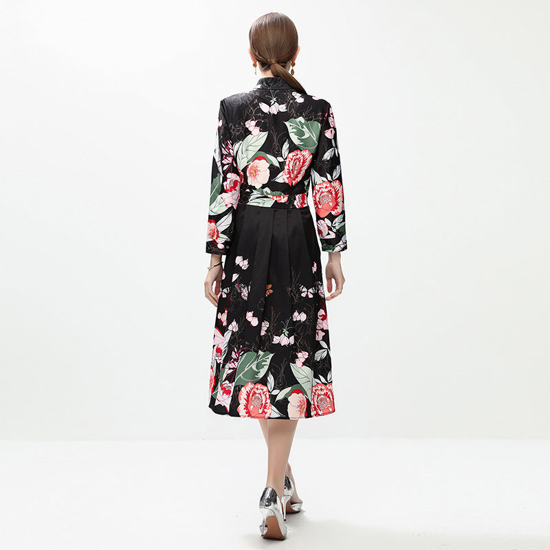 CM-DY042389 Women Elegant European Style All-Over Print Collar Neckline Long Sleeve Mid-Length Dress