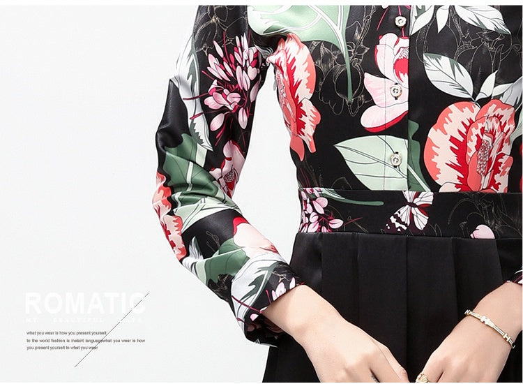 CM-DY042389 Women Elegant European Style All-Over Print Collar Neckline Long Sleeve Mid-Length Dress
