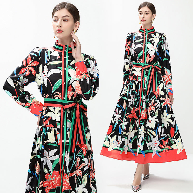 CM-DY042390 Women Elegant European Style All-Over Print Stand Collar Long Sleeve Midi Dress
