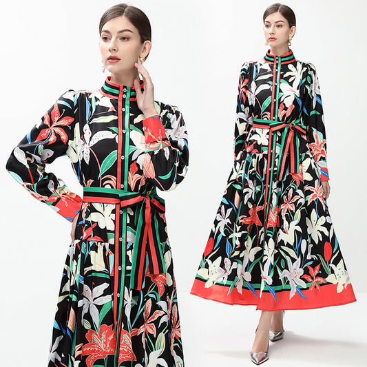 CM-DY042390 Women Elegant European Style All-Over Print Stand Collar Long Sleeve Midi Dress