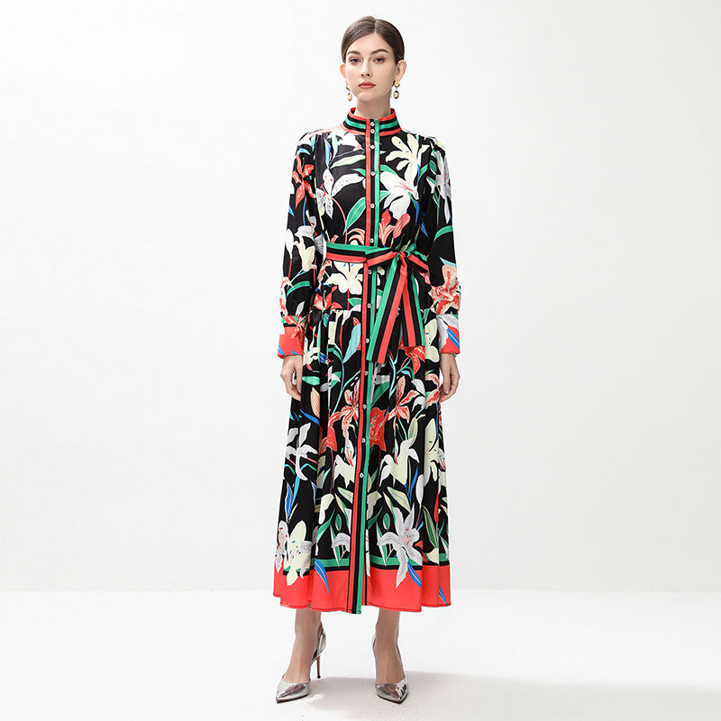 CM-DY042390 Women Elegant European Style All-Over Print Stand Collar Long Sleeve Midi Dress