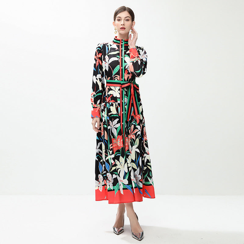 CM-DY042390 Women Elegant European Style All-Over Print Stand Collar Long Sleeve Midi Dress
