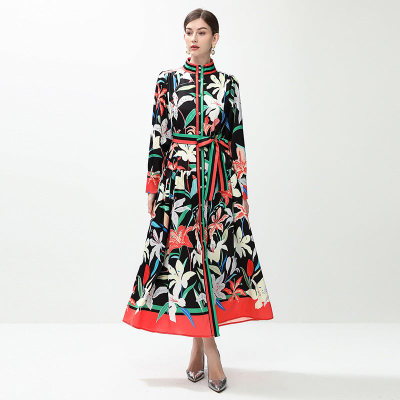 CM-DY042390 Women Elegant European Style All-Over Print Stand Collar Long Sleeve Midi Dress