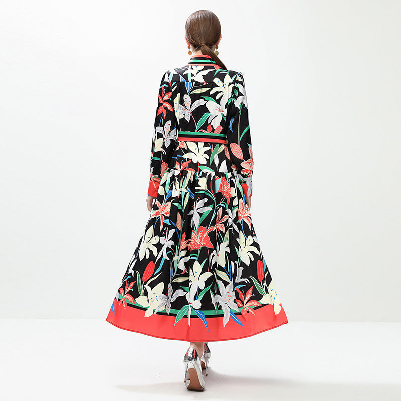 CM-DY042390 Women Elegant European Style All-Over Print Stand Collar Long Sleeve Midi Dress