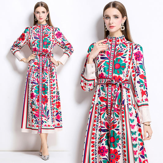 CM-DY042391 Women Elegant European Style All-Over Print Stand Collar Puff Sleeve Maxi Dress