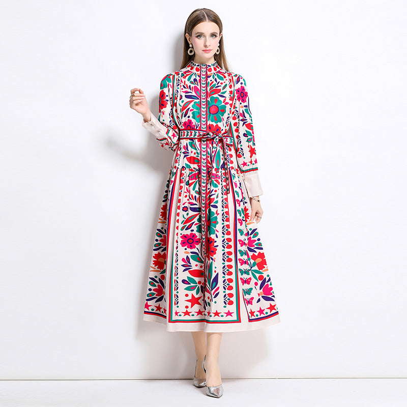CM-DY042391 Women Elegant European Style All-Over Print Stand Collar Puff Sleeve Maxi Dress