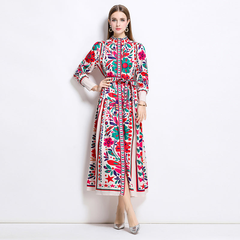 CM-DY042391 Women Elegant European Style All-Over Print Stand Collar Puff Sleeve Maxi Dress