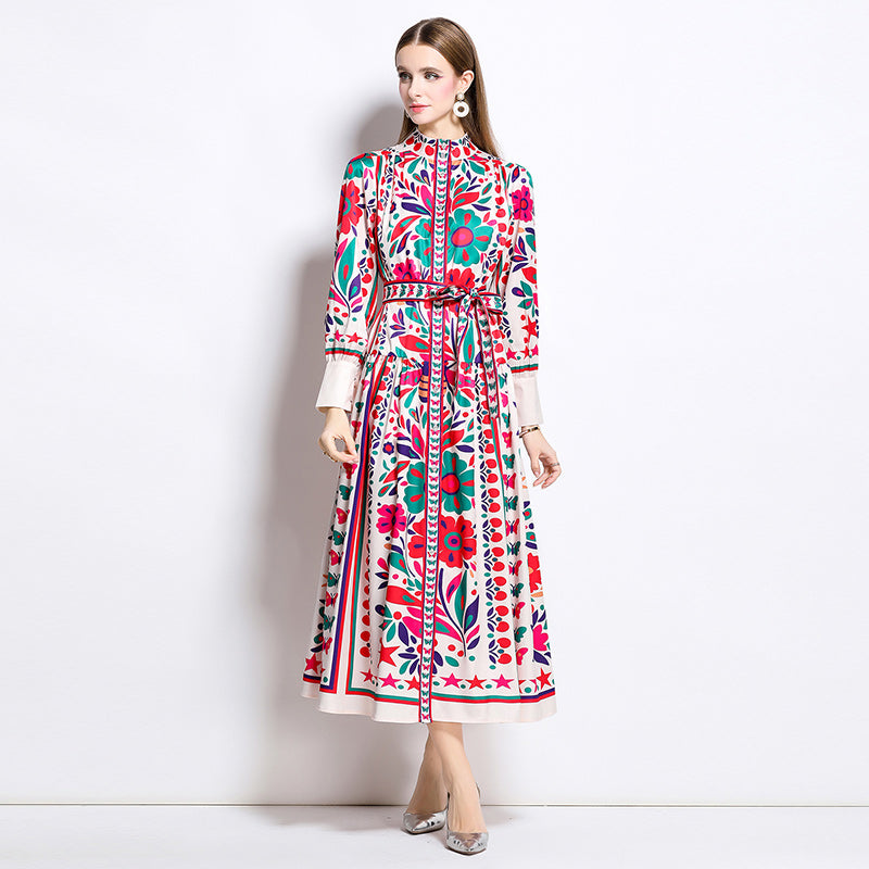 CM-DY042391 Women Elegant European Style All-Over Print Stand Collar Puff Sleeve Maxi Dress