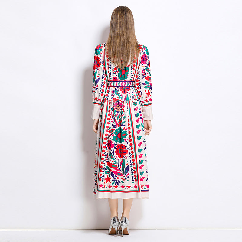 CM-DY042391 Women Elegant European Style All-Over Print Stand Collar Puff Sleeve Maxi Dress