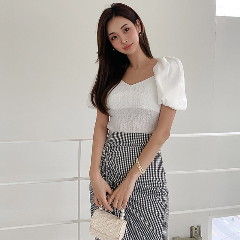 CM-SY043035 Women Elegant Seoul Style Tie Neck Short Sleeve Blouse Elastic Waist Midi Skirt - Set