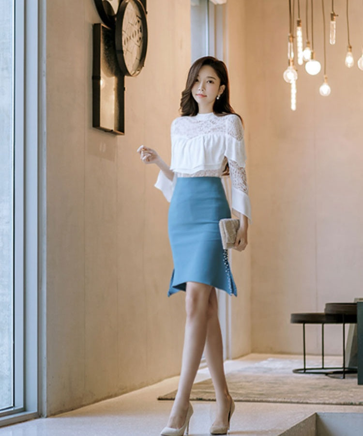 CM-SY043038 Women Elegant Seoul Style Lace Round Neck Long Sleeve Blouse With Midi Skirt - Set