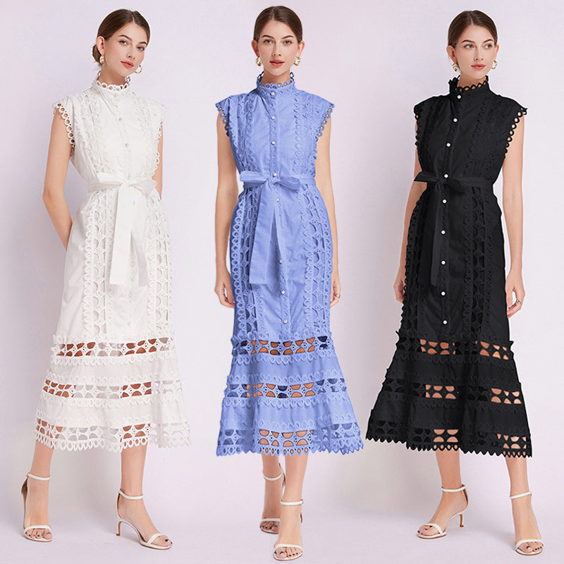 CM-DY043055 Women Elegant European Style Lace Stand Collar Cap Sleeve A-Line Dress (Available in 3 colors)