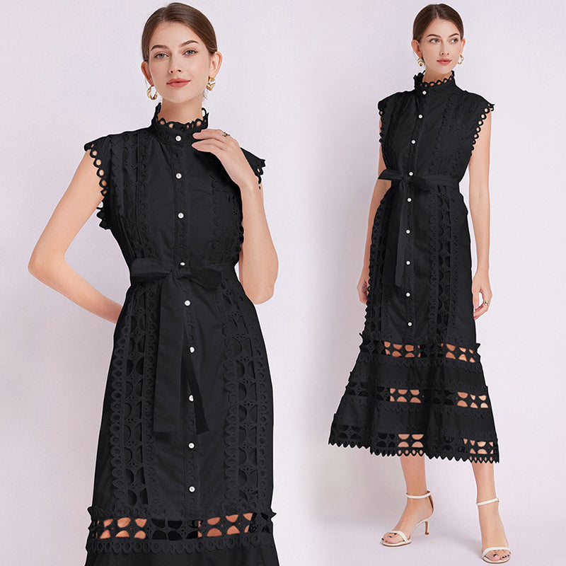 CM-DY043055 Women Elegant European Style Lace Stand Collar Cap Sleeve A-Line Dress (Available in 3 colors)
