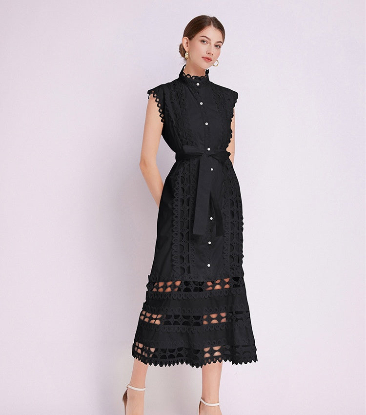 CM-DY043055 Women Elegant European Style Lace Stand Collar Cap Sleeve A-Line Dress (Available in 3 colors)