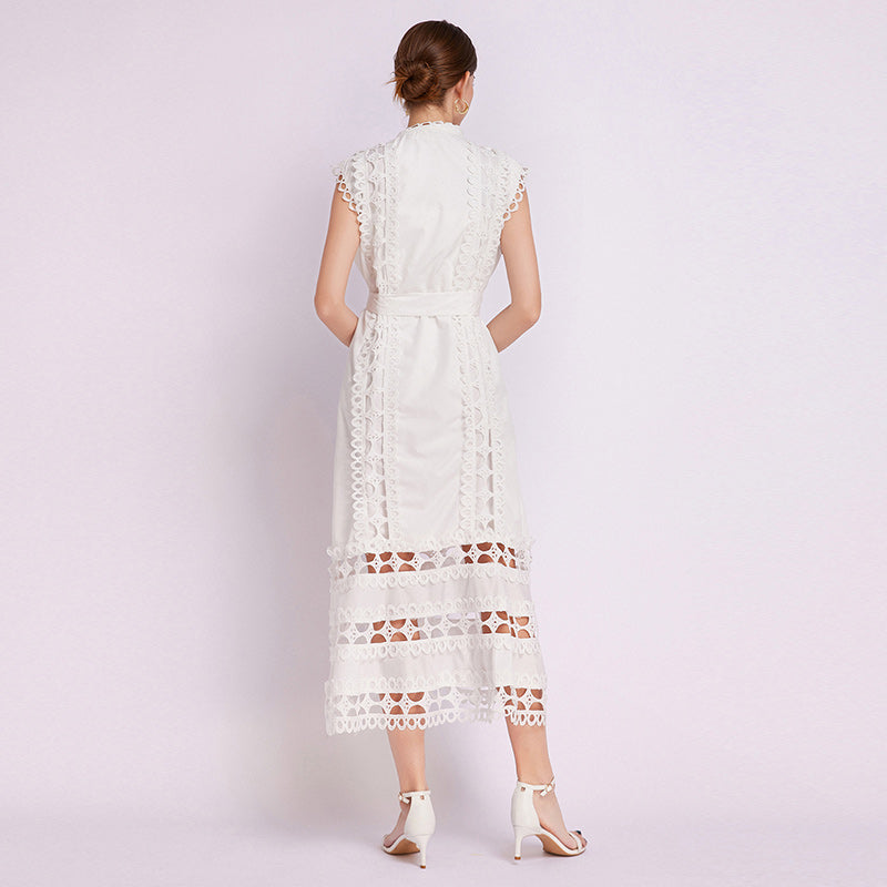 CM-DY043055 Women Elegant European Style Lace Stand Collar Cap Sleeve A-Line Dress (Available in 3 colors)