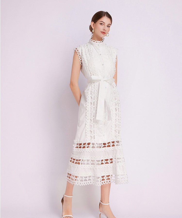 CM-DY043055 Women Elegant European Style Lace Stand Collar Cap Sleeve A-Line Dress (Available in 3 colors)