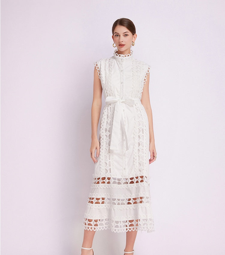 CM-DY043055 Women Elegant European Style Lace Stand Collar Cap Sleeve A-Line Dress (Available in 3 colors)