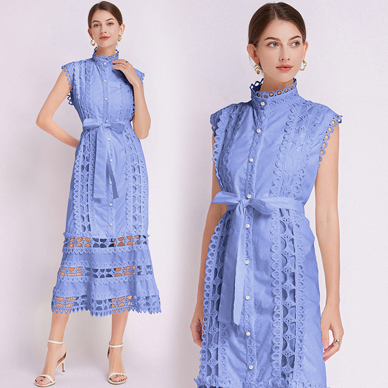 CM-DY043055 Women Elegant European Style Lace Stand Collar Cap Sleeve A-Line Dress (Available in 3 colors)