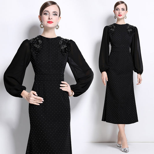CM-DY043078 Women Elegant European Style Rhinestone Decor Round Neck Lantern Sleeve Long Dress