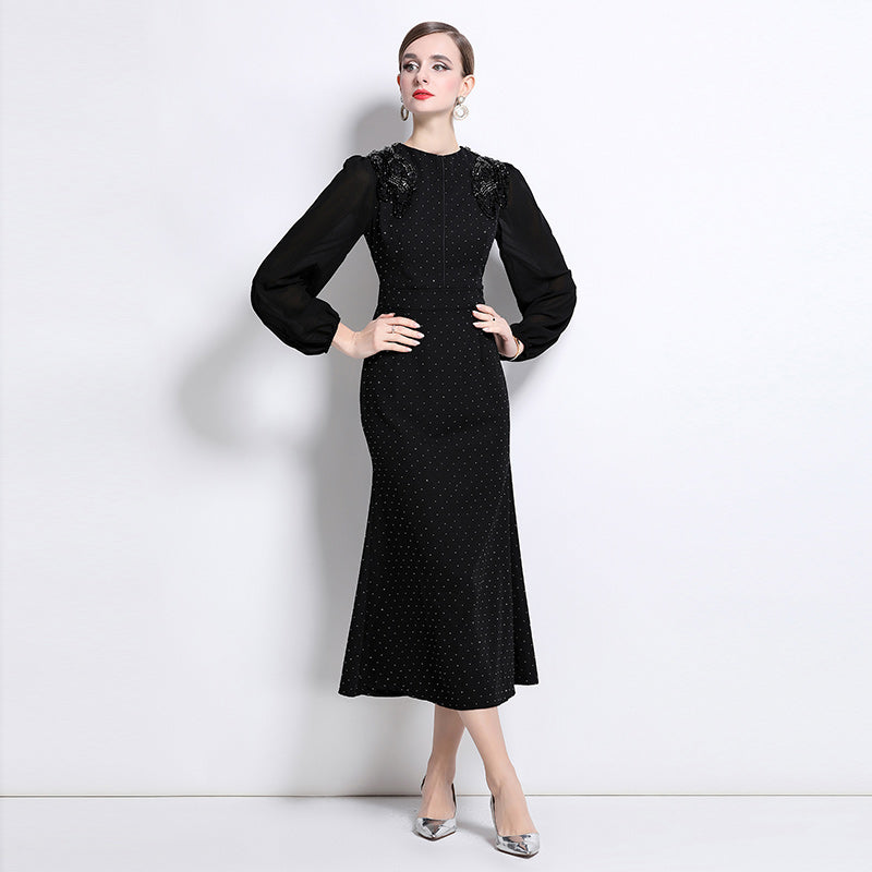 CM-DY043078 Women Elegant European Style Rhinestone Decor Round Neck Lantern Sleeve Long Dress