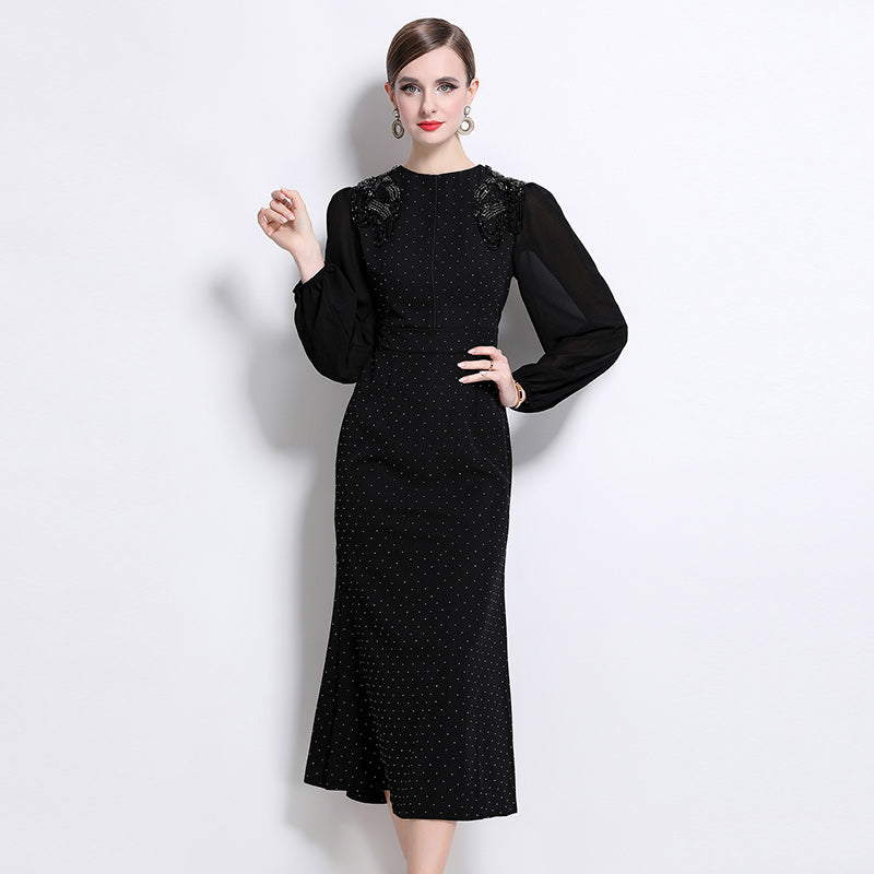 CM-DY043078 Women Elegant European Style Rhinestone Decor Round Neck Lantern Sleeve Long Dress