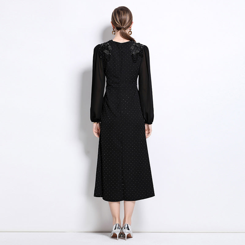 CM-DY043078 Women Elegant European Style Rhinestone Decor Round Neck Lantern Sleeve Long Dress