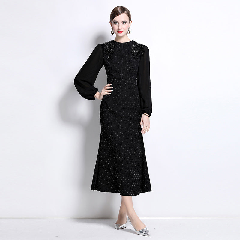 CM-DY043078 Women Elegant European Style Rhinestone Decor Round Neck Lantern Sleeve Long Dress