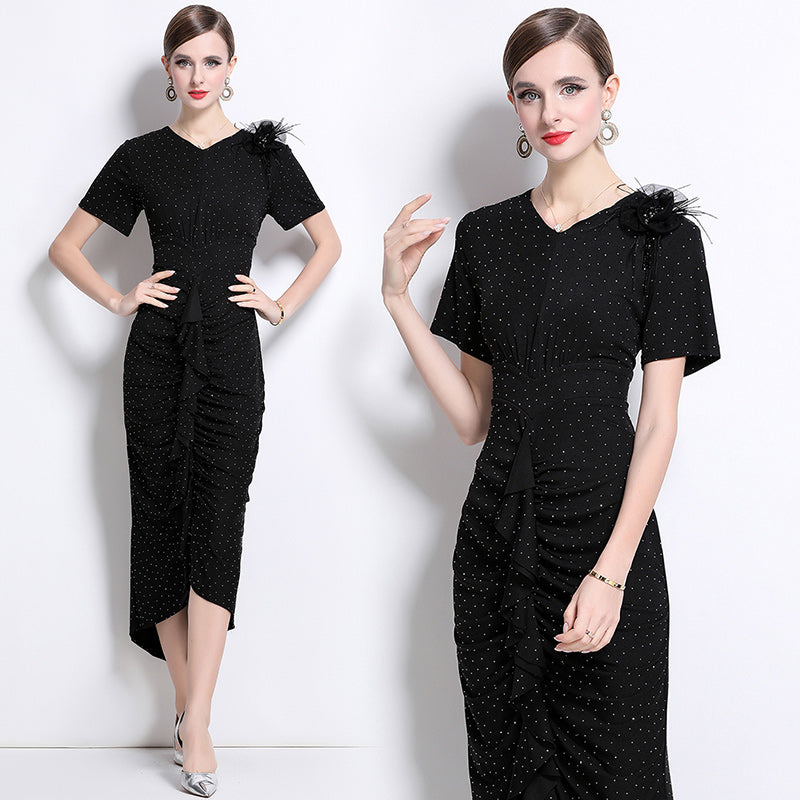 CM-DY043079 Women Elegant European Style V-Neck Short Sleeve Sequins Decor Pinched Waist Dress - Black