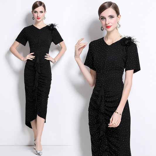 CM-DY043079 Women Elegant European Style V-Neck Short Sleeve Sequins Decor Pinched Waist Dress - Black