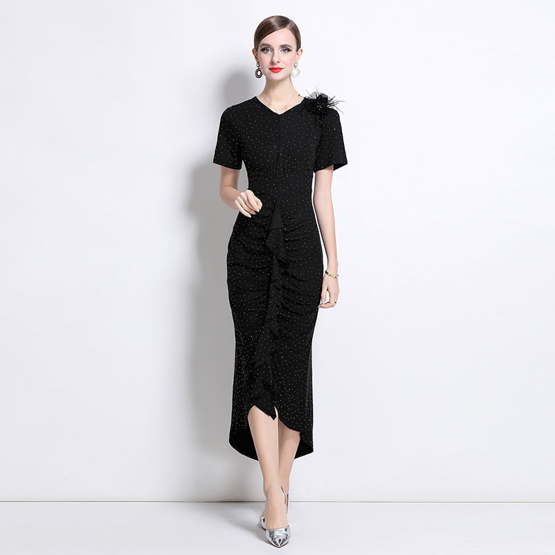 CM-DY043079 Women Elegant European Style V-Neck Short Sleeve Sequins Decor Pinched Waist Dress - Black